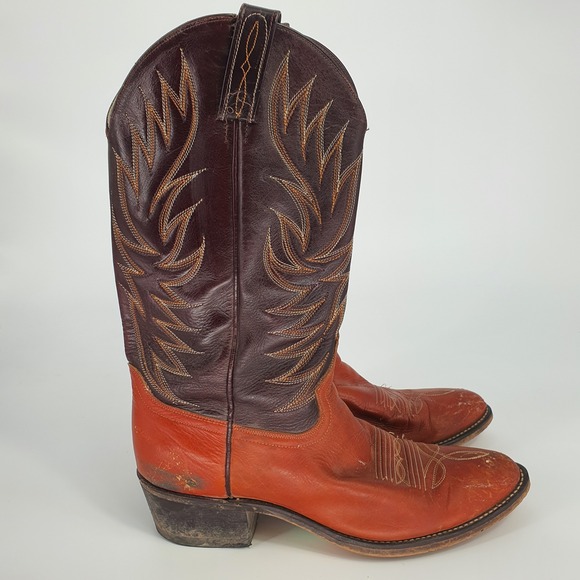 Acme Mens Cowboy Western Boots Leather Two Tone Stitch Detail Size 9D Rustic